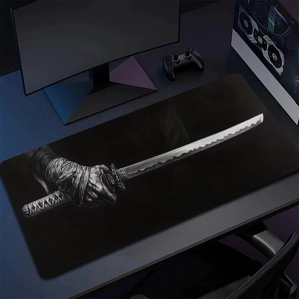 Samurai Sword Mouse Pad Large Mousemat Computer Gamer Office Stitched Edge Keyboard Desk Mat Washable Non-Slip